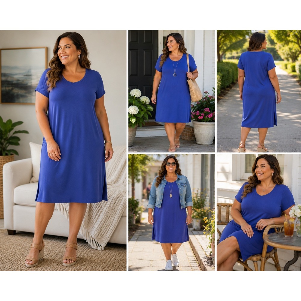 Susan Graver Everyday Liquid Knit Blue Short Sleeve Midi Dress Plus Size 3X - Picture 1 of 9